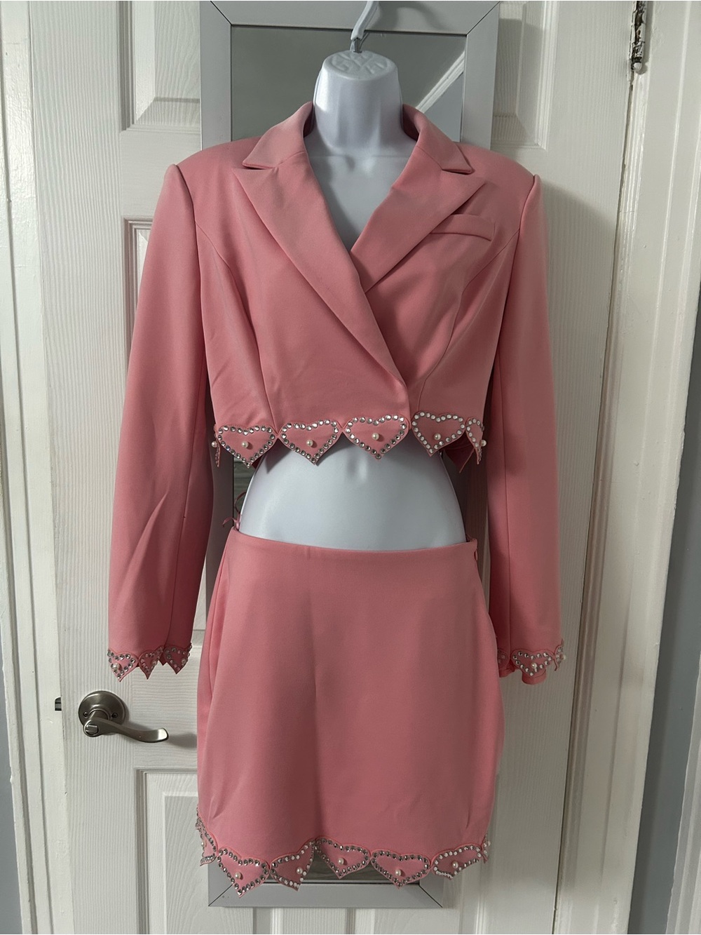 Fashion Nova Pink Cropped Heart-Trim Blazer & Skirt Set